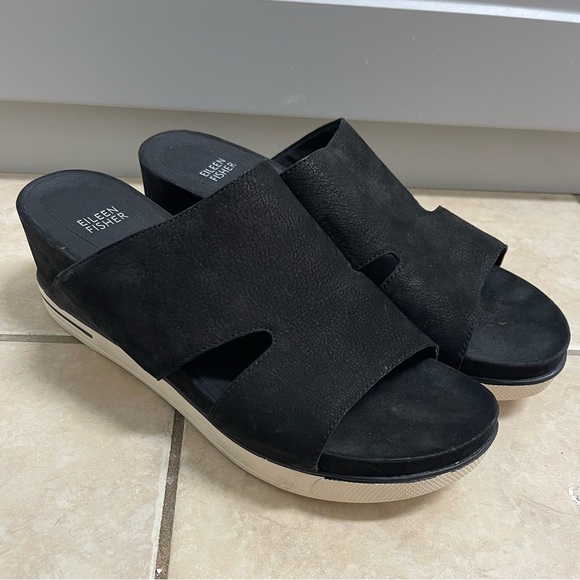 Eileen Fisher Grand Platform Heel Cutout Suede rubber Slip on Sandal size 10 - Picture 1 of 6